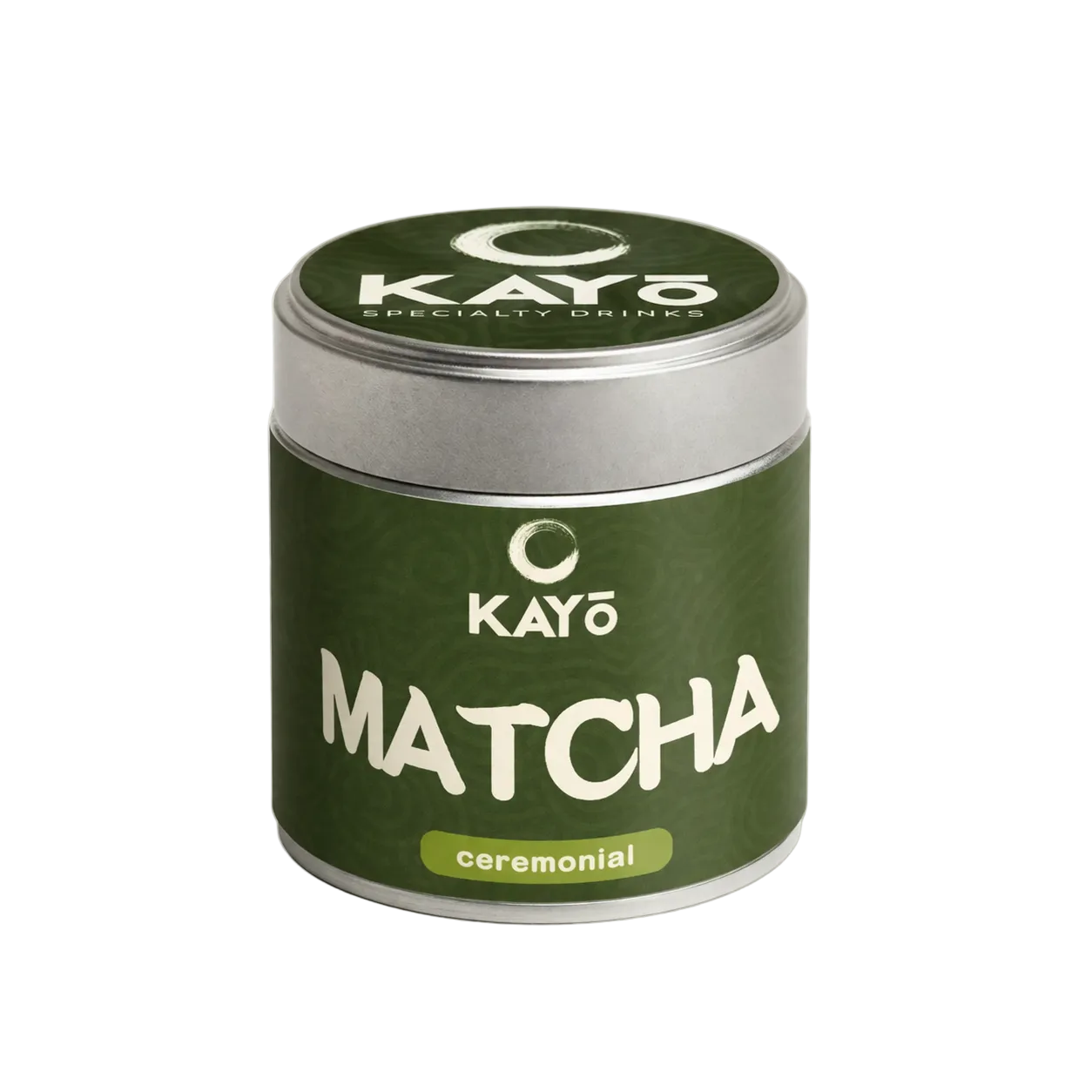 Green container of KAYO Matcha on a white background