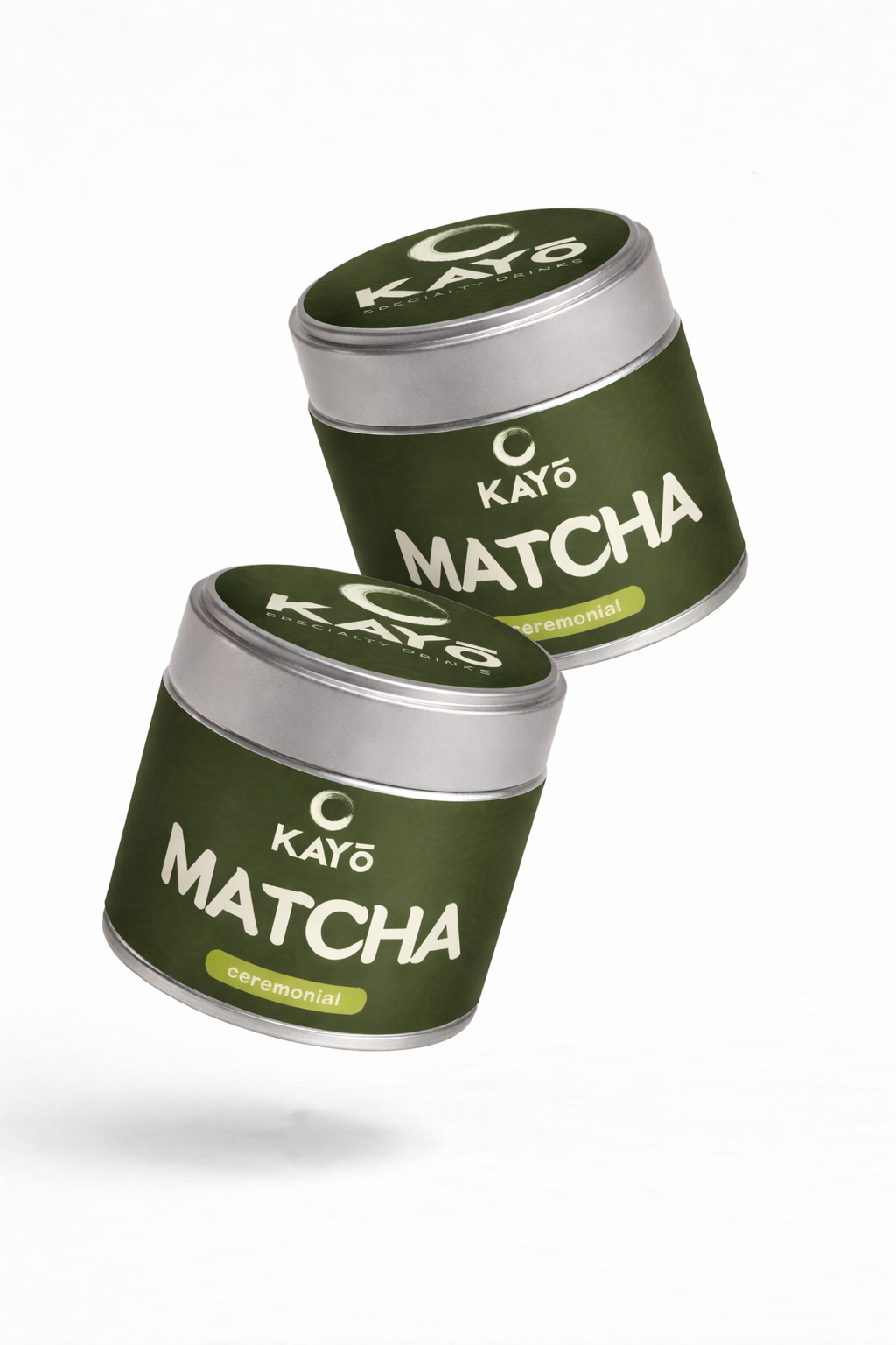Two green tins of Kayo Matcha on a white background