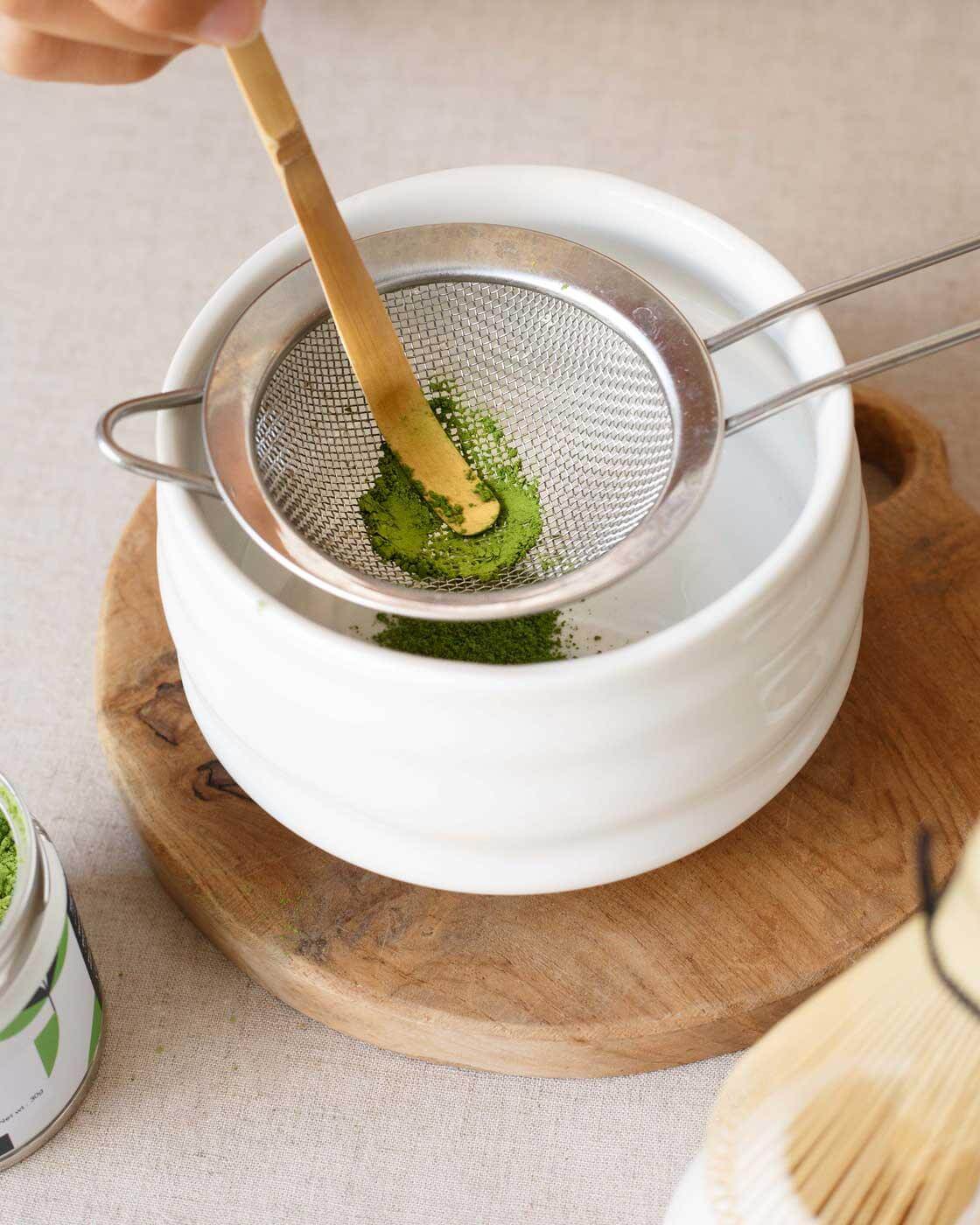 kayo matcha scoop for matcha sifting in a white bowl