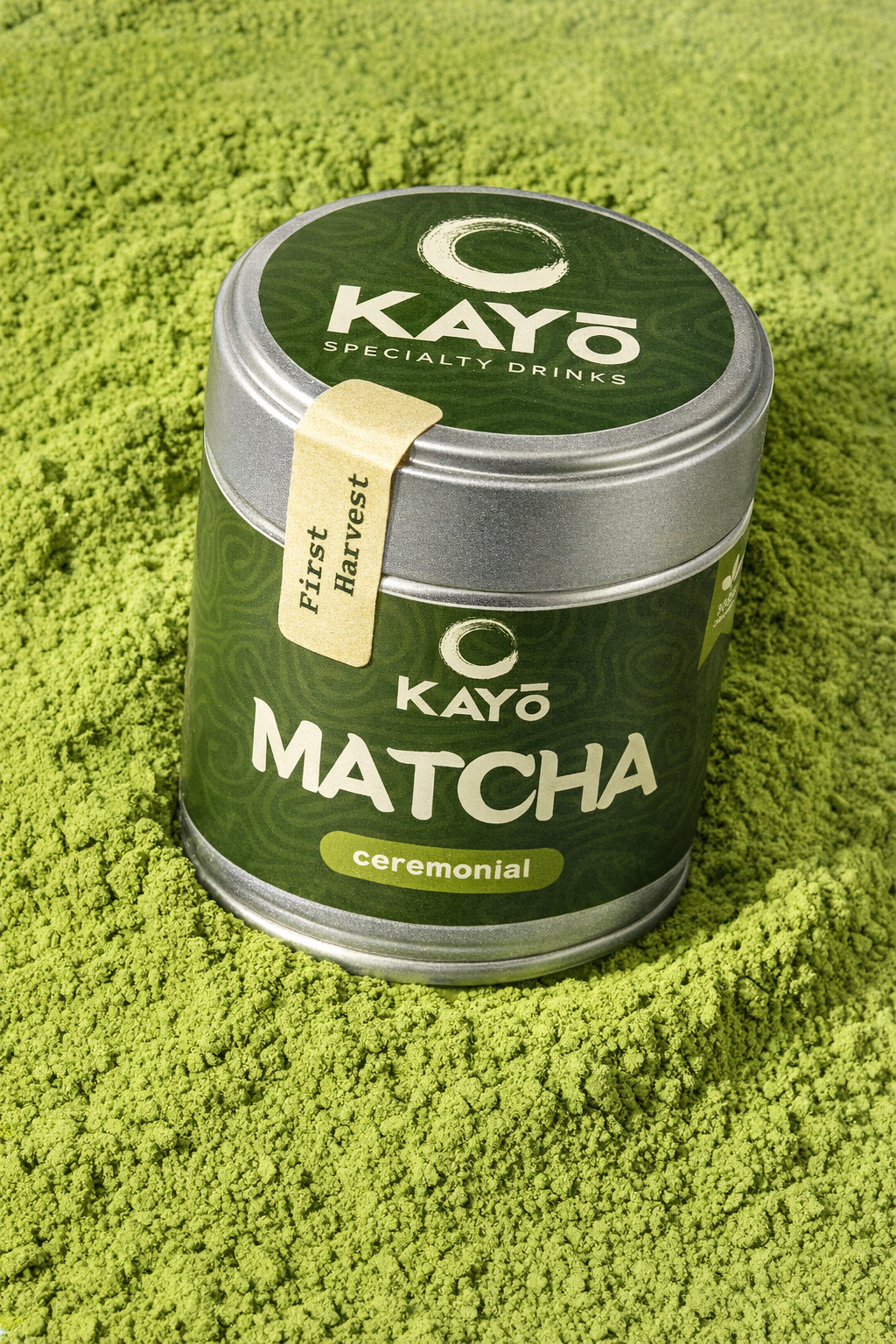 Container of Kayo Matcha on a bed of green matcha powder